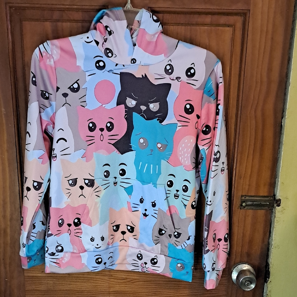 Kids Multicolor Cat Print Pullover Hoodie